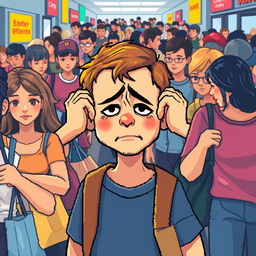 pixel art illustration of an autistic boy in a bustling crowd