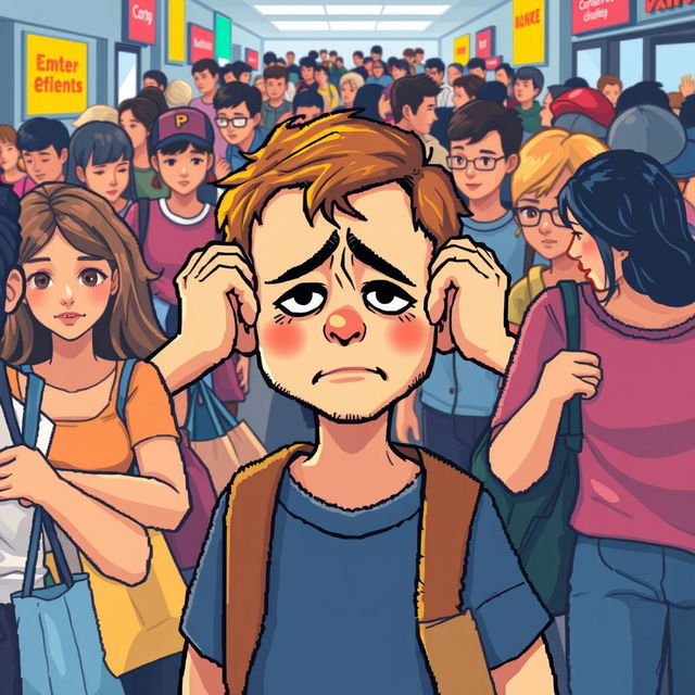 pixel art illustration of an autistic boy in a bustling crowd