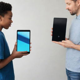 Two people standing face-to-face, one holding a sleek, modern smartphone, and the other holding a slim, cutting-edge tablet. They are in the process of swapping their electronic devices.