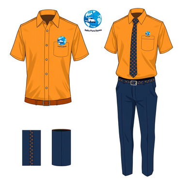Design of a company uniform for 'Saiku Putra Ekspres', featuring a prominent blue circular globe logo symbolizing global reach, combined with an image of a truck to represent transportation services