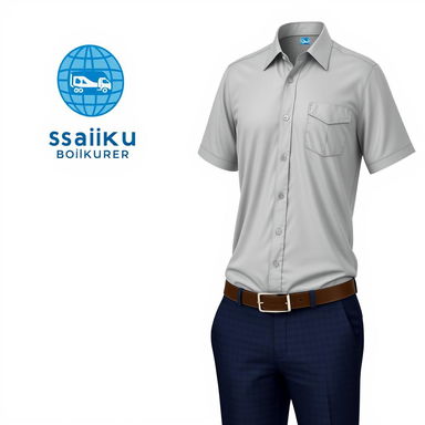 Design of a company uniform for 'Saiku Putra Ekspres', featuring a prominent blue circular globe logo symbolizing global reach, combined with an image of a truck to represent transportation services