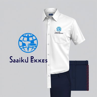 Design of a company uniform for 'Saiku Putra Ekspres', featuring a prominent blue circular globe logo symbolizing global reach, combined with an image of a truck to represent transportation services