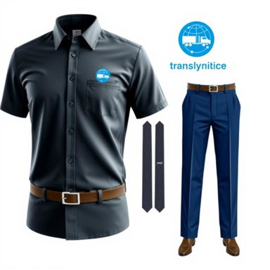 Design of a company uniform for 'Saiku Putra Ekspres', featuring a prominent blue circular globe logo symbolizing global reach, combined with an image of a truck to represent transportation services