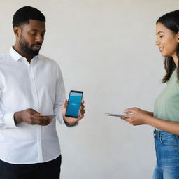 Two people standing face-to-face, one holding a sleek, modern smartphone, and the other holding a slim, cutting-edge tablet. They are in the process of swapping their electronic devices.