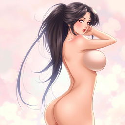 Anime-style artwork of a beautiful, confident woman with stunning, large breasts