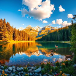 A serene landscape showcasing a crystal-clear lake surrounded by lush, verdant forests under a vibrant, azure sky