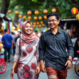 an Indonesian woman and man walking happily side by side