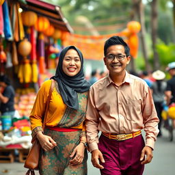 an Indonesian woman and man walking happily side by side