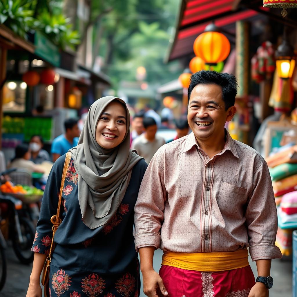 an Indonesian woman and man walking happily side by side