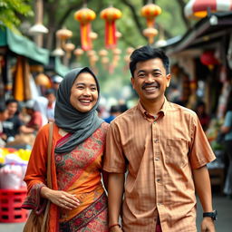 an Indonesian woman and man walking happily side by side