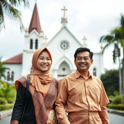 an Indonesian Christian woman and an Indonesian man walking happily side by side, with a beautiful church in the background