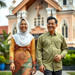 an Indonesian Christian woman and an Indonesian man walking happily side by side, with a beautiful church in the background