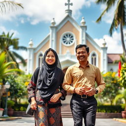 an Indonesian Christian woman and an Indonesian man walking happily side by side, with a beautiful church in the background