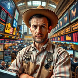 A scene depicting an onion farmer who has transformed into a financial genius at the Chicago Mercantile Exchange