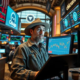 A scene depicting an onion farmer who has transformed into a financial genius at the Chicago Mercantile Exchange