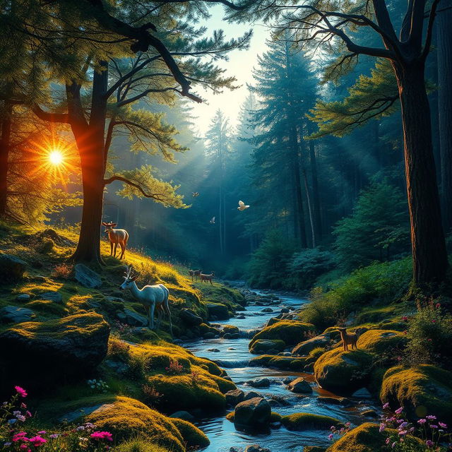 A captivating forest scene during the twilight hour, with beams of sunlight filtering through the dense foliage, casting enchanting patterns on the forest floor