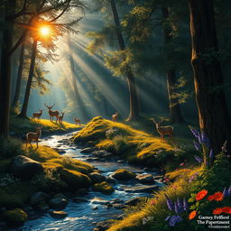 A captivating forest scene during the twilight hour, with beams of sunlight filtering through the dense foliage, casting enchanting patterns on the forest floor