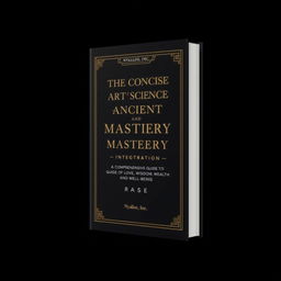 A book mockup poster design featuring the title "The Concise Art and Science of Ancient and Modern Mastery Integration: A Comprehensive Guide to Love, Wisdom, Wealth and Well-Being" by "Nyalloe, Inc