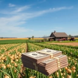 A picturesque onion farm, with fields stretching into the horizon under a bright blue sky, showcasing the abundance of healthy onion crops