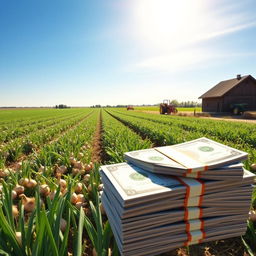 A picturesque onion farm, with fields stretching into the horizon under a bright blue sky, showcasing the abundance of healthy onion crops