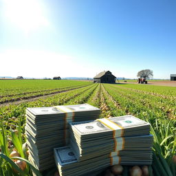 A picturesque onion farm, with fields stretching into the horizon under a bright blue sky, showcasing the abundance of healthy onion crops