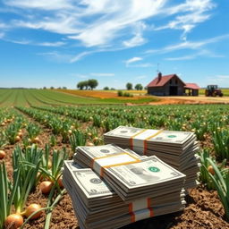 A picturesque onion farm, with fields stretching into the horizon under a bright blue sky, showcasing the abundance of healthy onion crops