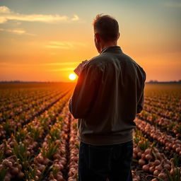 A man standing with his back to the viewer, holding a stack of money in his hands, as he gazes proudly over his sprawling onion farm