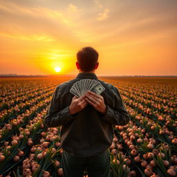 A man standing with his back to the viewer, holding a stack of money in his hands, as he gazes proudly over his sprawling onion farm