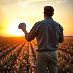 A man standing with his back to the viewer, holding a stack of money in his hands, as he gazes proudly over his sprawling onion farm