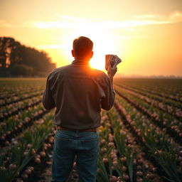 A man standing with his back to the viewer, holding a stack of money in his hands, as he gazes proudly over his sprawling onion farm