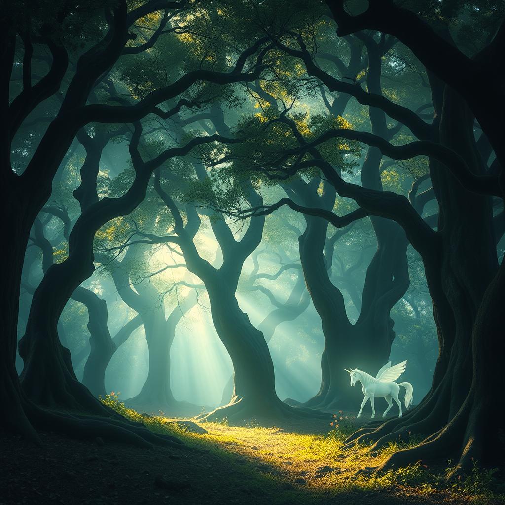 A mystical enchanted forest with ethereal light filtering through the dense canopy of ancient trees