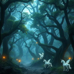 A mystical enchanted forest with ethereal light filtering through the dense canopy of ancient trees