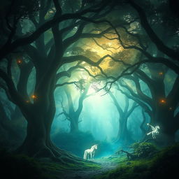 A mystical enchanted forest with ethereal light filtering through the dense canopy of ancient trees