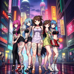 A group of anime-style women with intricate tattoos on their arms and legs, standing amidst a vibrant urban cityscape