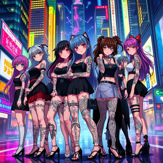 A group of anime-style women with intricate tattoos on their arms and legs, standing amidst a vibrant urban cityscape