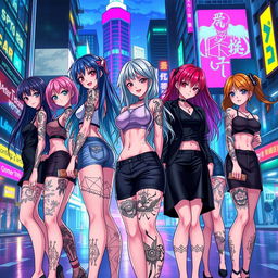 A group of anime-style women with intricate tattoos on their arms and legs, standing amidst a vibrant urban cityscape