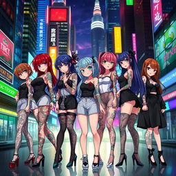 A group of anime-style women with intricate tattoos on their arms and legs, standing amidst a vibrant urban cityscape