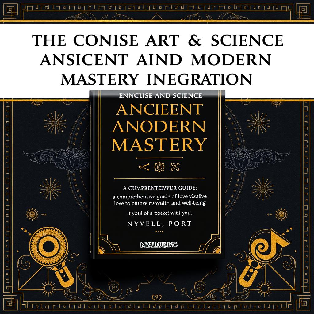 Book mockup poster design with the title "The Concise Art and Science of Ancient and Modern Mastery Integration: A Comprehensive Guide to Love, Wisdom, Wealth and Well-Being" by "Nyalloe, Inc