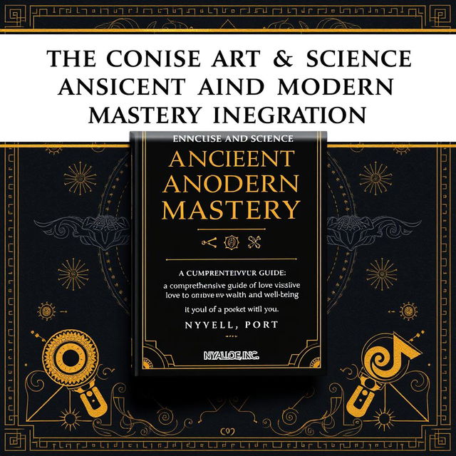 Book mockup poster design with the title "The Concise Art and Science of Ancient and Modern Mastery Integration: A Comprehensive Guide to Love, Wisdom, Wealth and Well-Being" by "Nyalloe, Inc