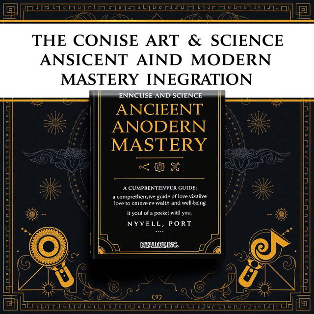 Book mockup poster design with the title "The Concise Art and Science of Ancient and Modern Mastery Integration: A Comprehensive Guide to Love, Wisdom, Wealth and Well-Being" by "Nyalloe, Inc