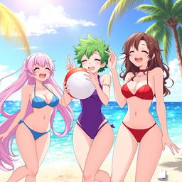 Three anime girls wearing small, stylish bikinis, enjoying a sunny day at the beach