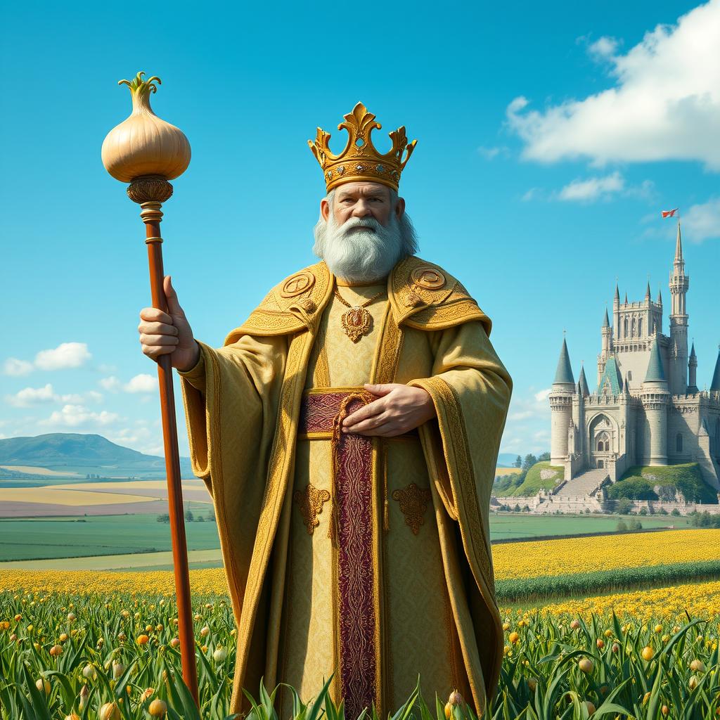 The Onion King, a regal and commanding figure standing atop his verdant onion kingdom