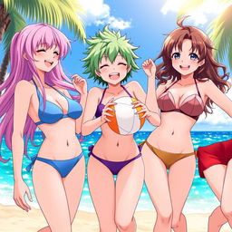 Three anime girls wearing small, stylish bikinis, enjoying a sunny day at the beach