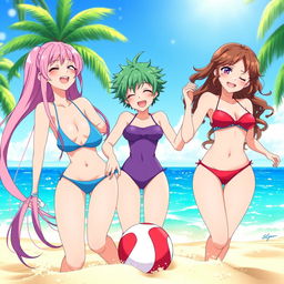 Three anime girls wearing small, stylish bikinis, enjoying a sunny day at the beach