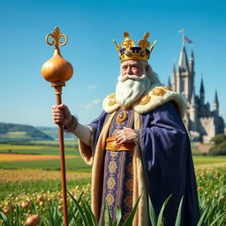 The Onion King, a regal and commanding figure standing atop his verdant onion kingdom