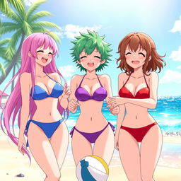 Three anime girls wearing small, stylish bikinis, enjoying a sunny day at the beach