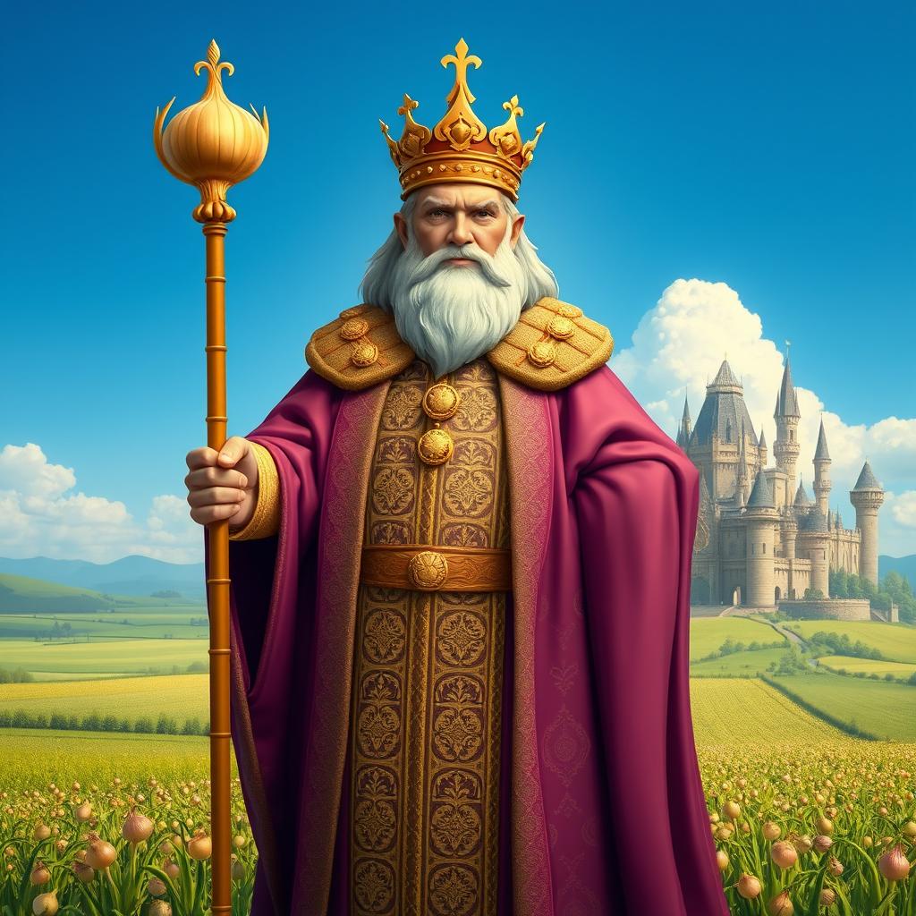 The Onion King, a regal and commanding figure standing atop his verdant onion kingdom