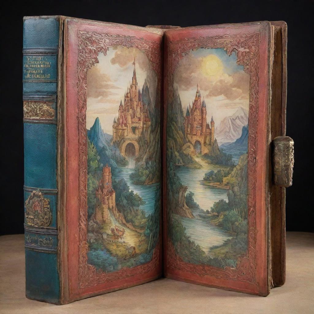 An antique, leather-bound book open to the middle, revealing a vibrant, fantasy landscape with towering castles, mythical creatures, and a hero embarking on an epic quest.