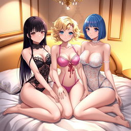 Three anime girls posing in elegant lingerie in a luxurious, softly lit bedroom setting