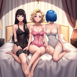 Three anime girls posing in elegant lingerie in a luxurious, softly lit bedroom setting